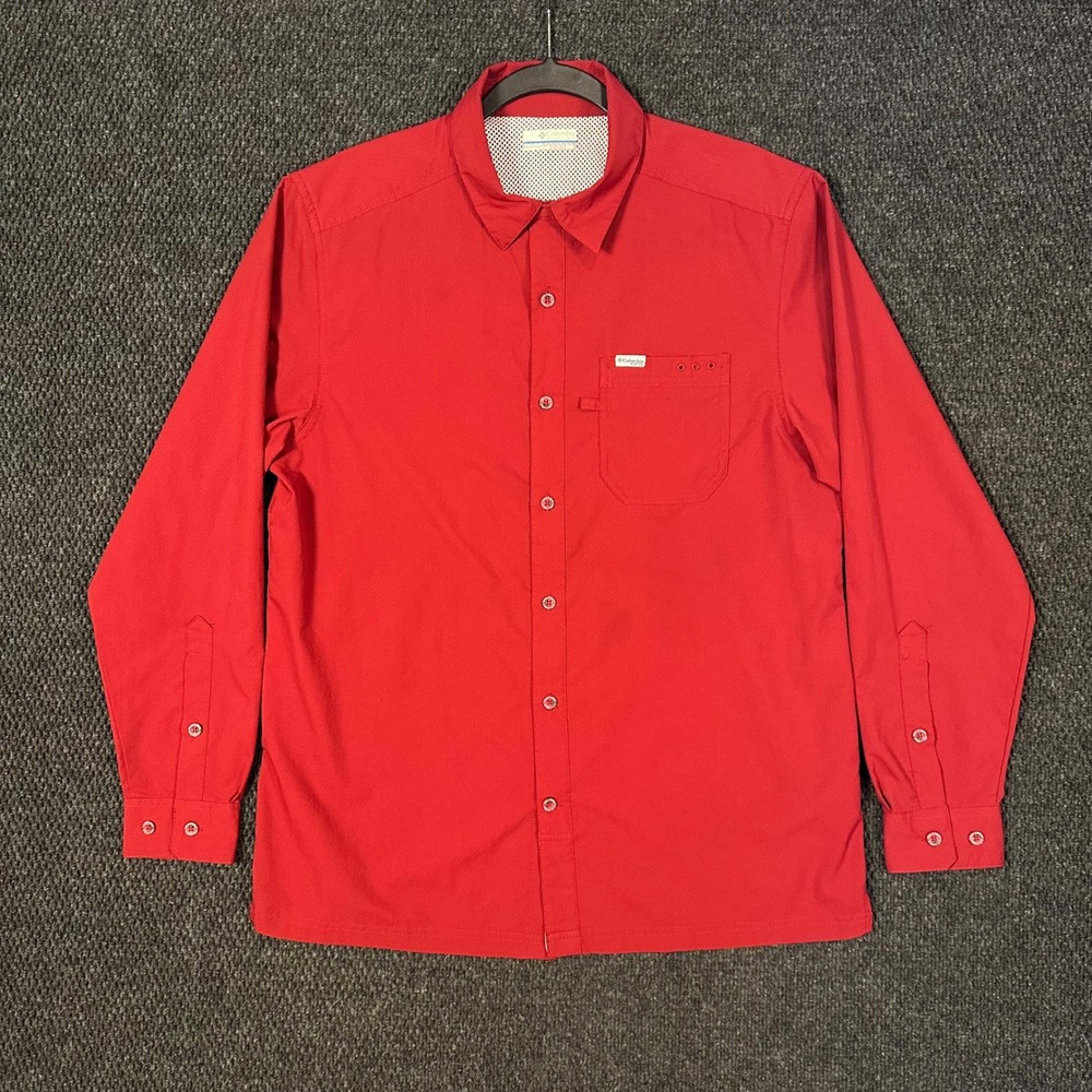 Columbia PFG Fishing Shirt Men M Red Long Sleeve Vented Ripstop